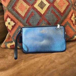 Navy blue metallic coach wristlet